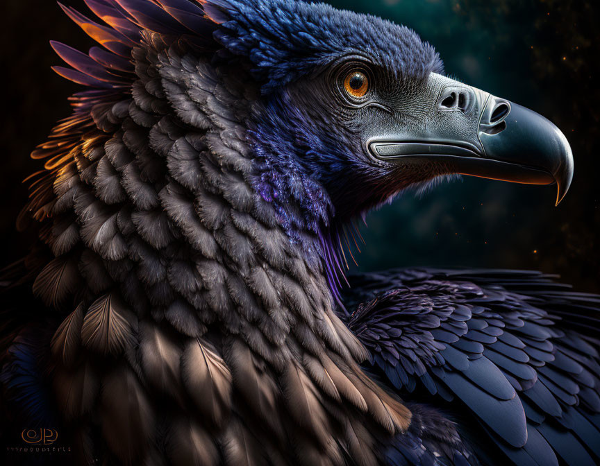 Close-up of majestic bird with sharp beak, intense eyes, and purple feathers.