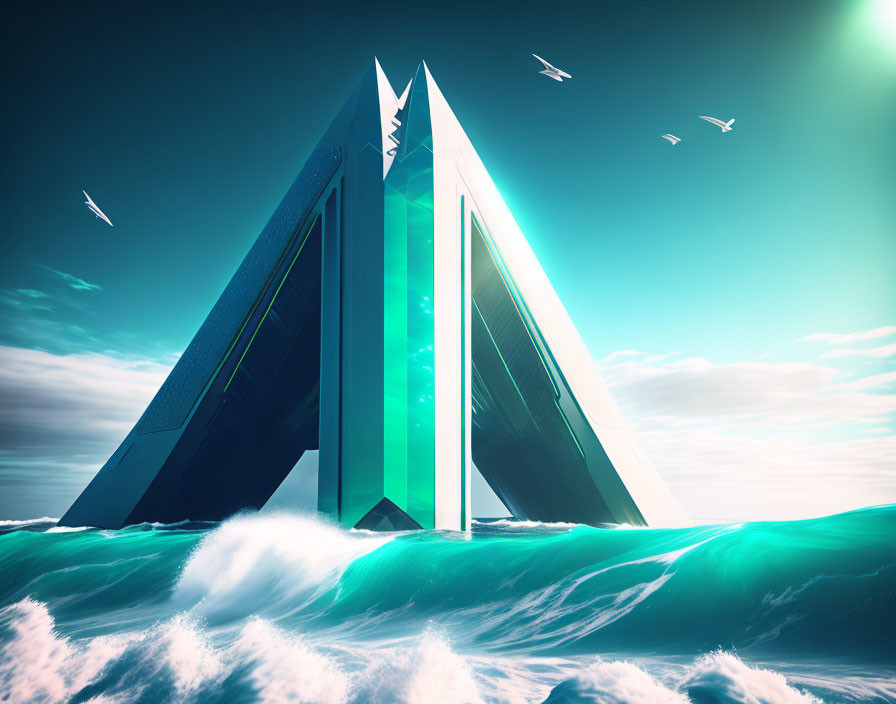 Triangular futuristic structure in turbulent sea waves with birds and piercing light.