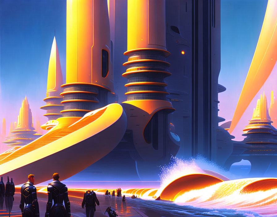 Futuristic cityscape with towering spires and luminous waterfront promenade at dusk