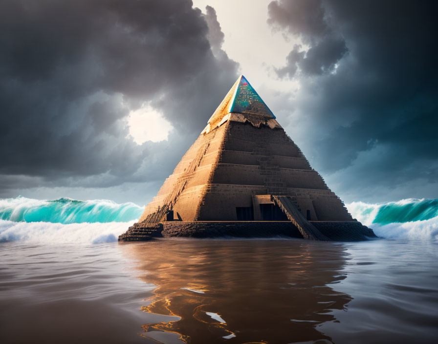 Surreal pyramid with glowing capstone amid ocean waves and stormy sky