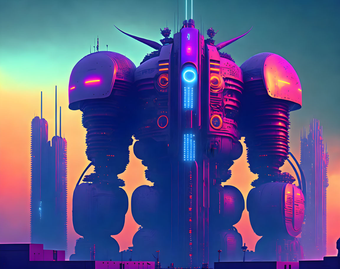 Futuristic cityscape with towering robotic megastructure at dusk