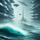 Futuristic cityscape with layered structures emerging from the sea
