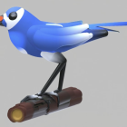 Whimsical blue bird with big eyes on metallic legs standing on brown leaves