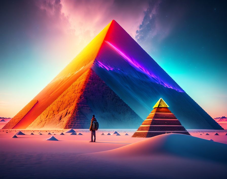 Person standing between illuminated pyramids in desert twilight