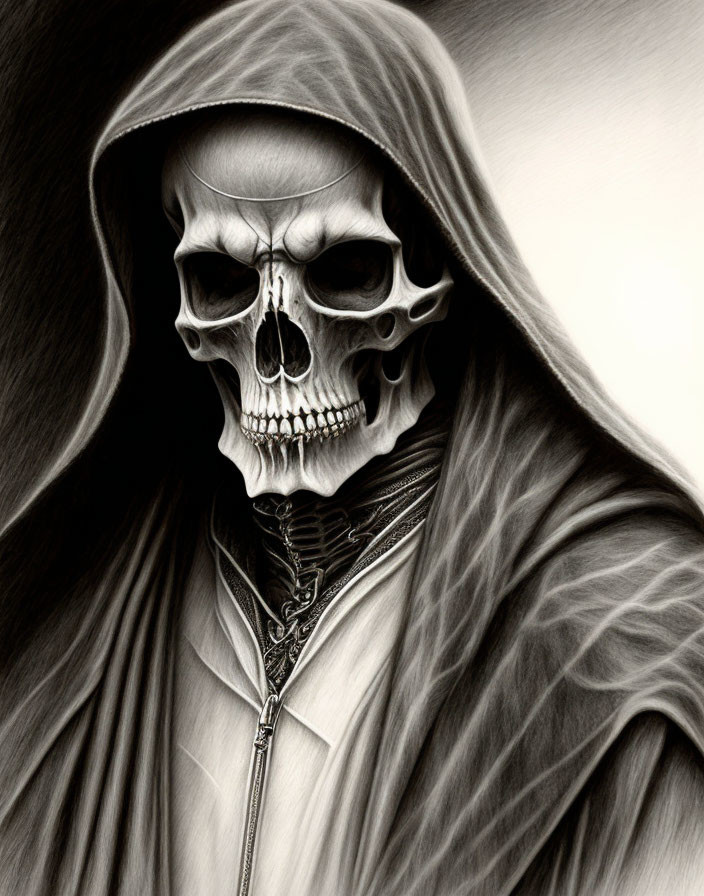 Detailed Drawing of Grim Skull with Hood - Eerie Vibes