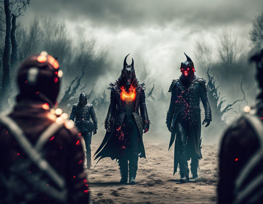 Glowing red chest armor figures in misty barren landscape with armored warriors