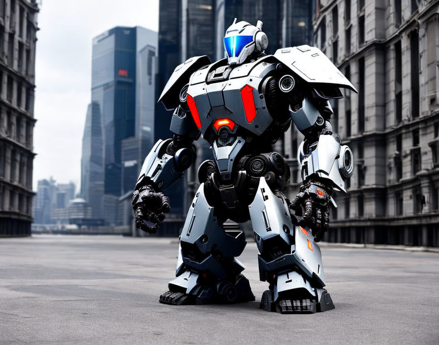 Blue and white bipedal robot with red details in urban street scene