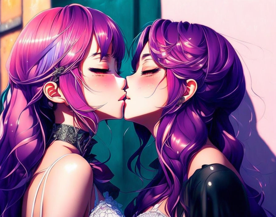 Anime characters with purple hair sharing a gentle kiss in vibrant colors