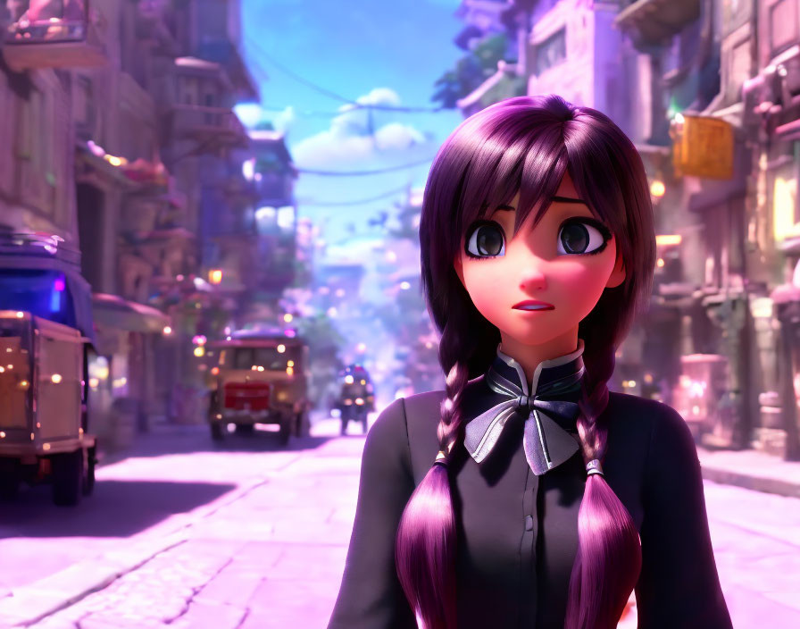 Surprised 3D animated girl with purple pigtails in city street scene