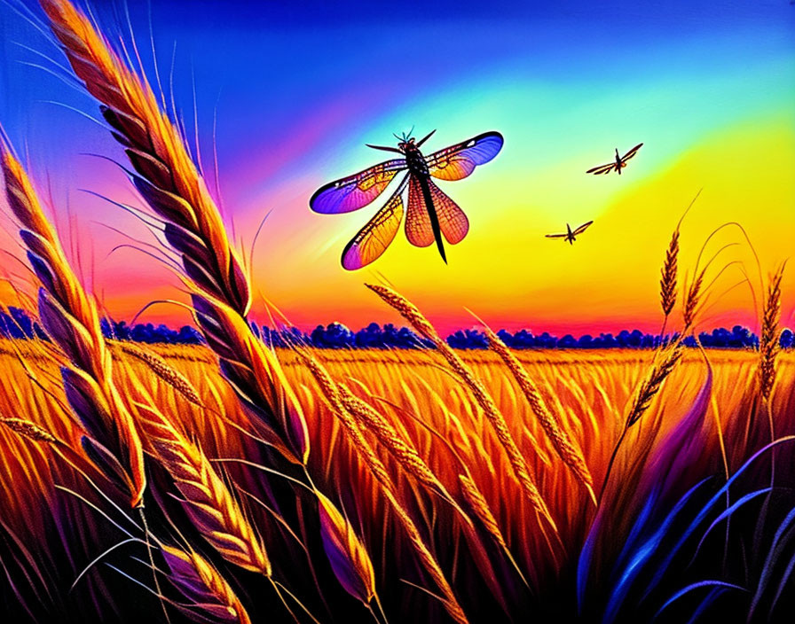 Sunset painting with golden wheat field and dragonfly silhouettes