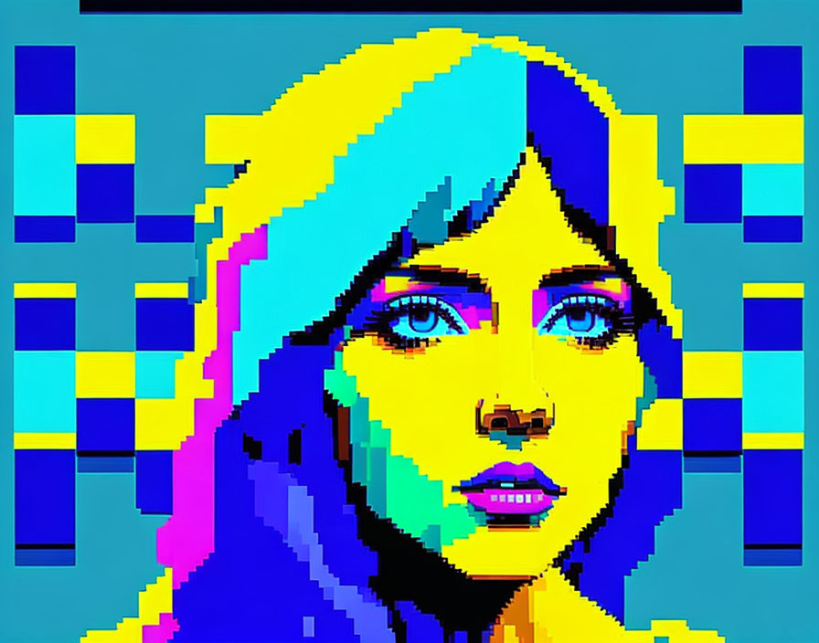 Pixel Art Portrait: Blue-Eyed Figure with Multicolored Hair on Patterned Background