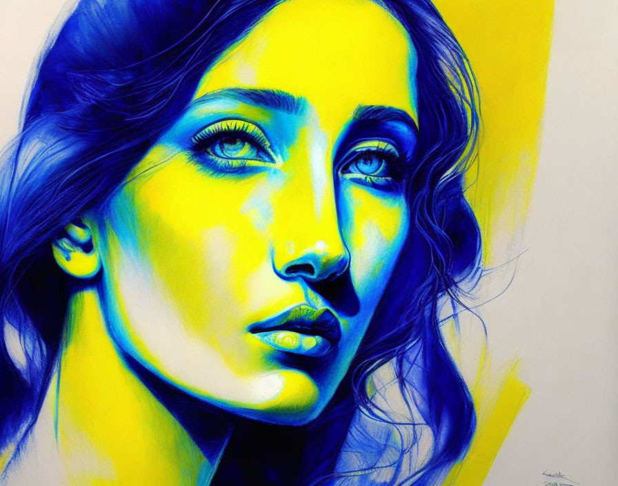 Colorful portrait of woman with blue and yellow hues and striking blue eyes