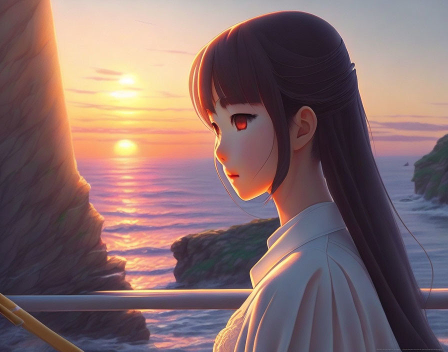 Dark-haired animated girl gazes at seaside sunset and cliffs.