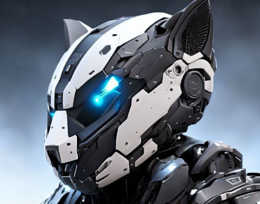 Futuristic robotic head with blue glowing visor in high-tech setting