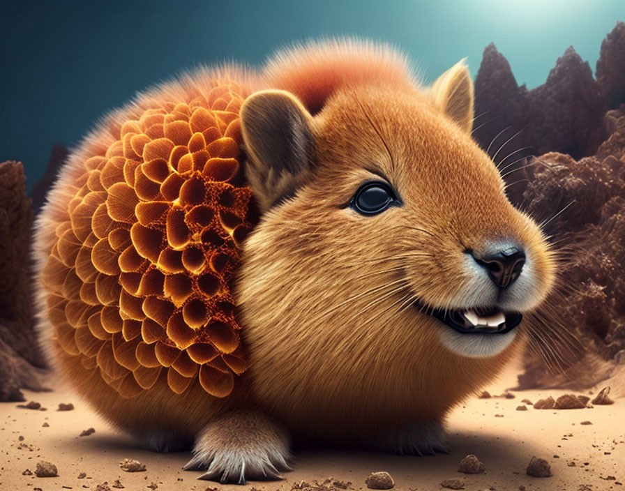 Whimsical digital artwork: Capybara and pinecone creature with fuzzy body and geometric shell patterns