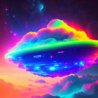 Colorful UFO Artwork Floating in Neon Clouds