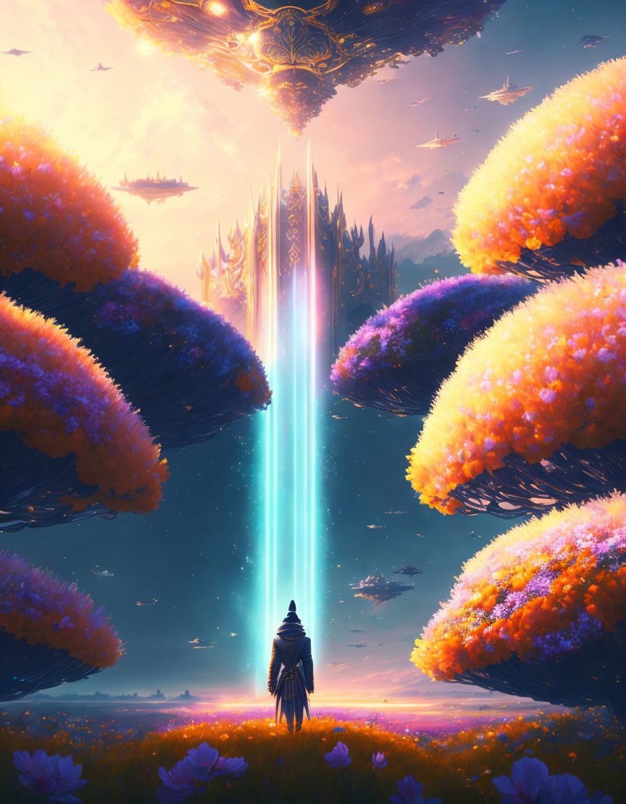Figure gazing at vibrant, fantastical landscape with towering trees and luminous flowers