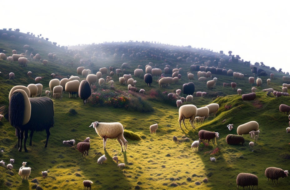 Green hillside with grazing sheep of varied wool colors under hazy sky