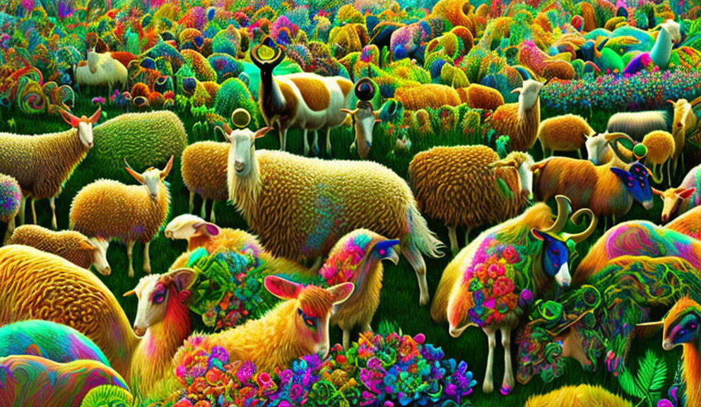 Colorful surreal landscape with diverse animals and flora