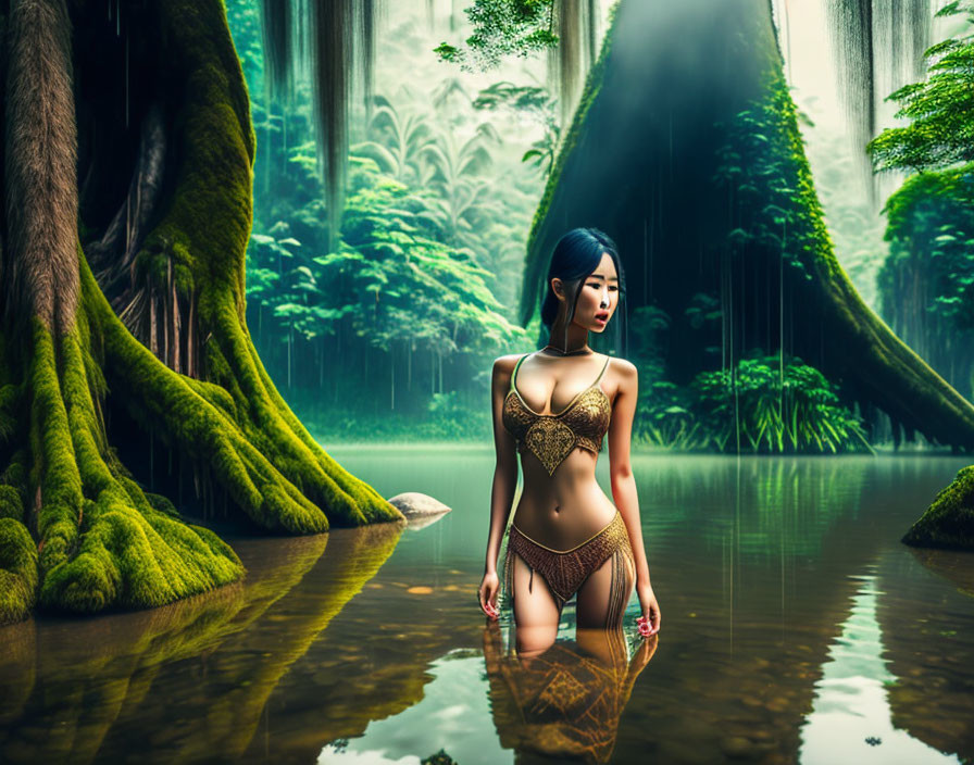 Woman kneeling in misty forest pool surrounded by lush greenery and sunlight.