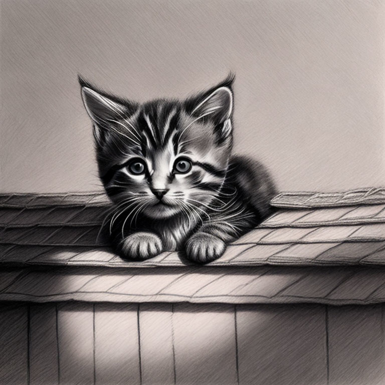 Monochrome illustration of cute kitten with stripes on textured surface
