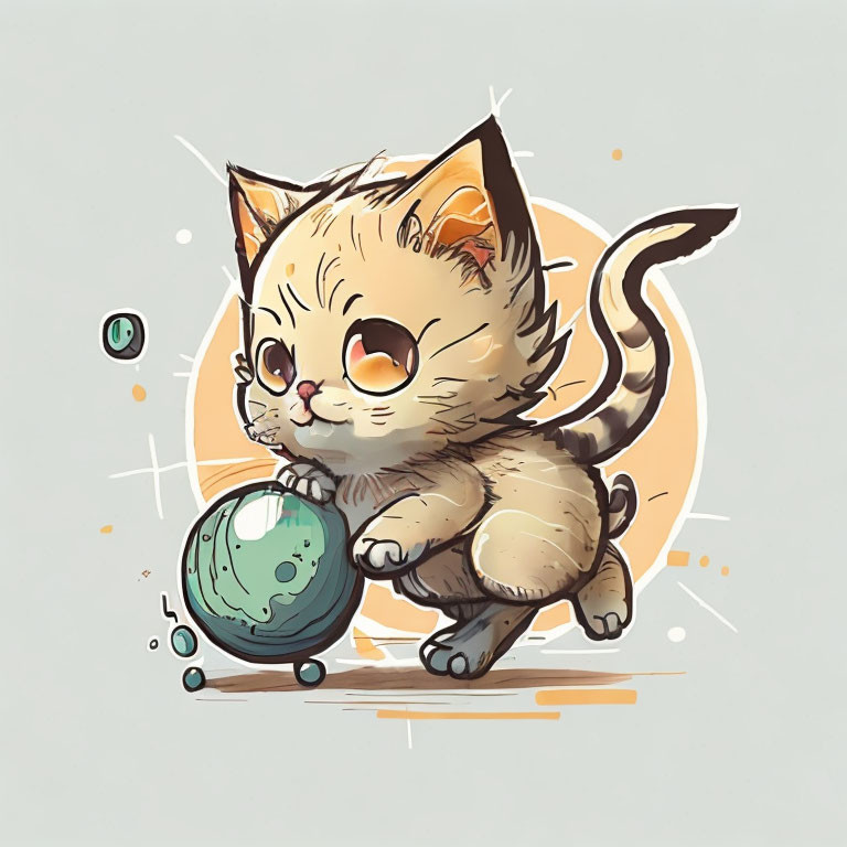 Cartoon Kitten Playing with Green Ball in Soft Colors