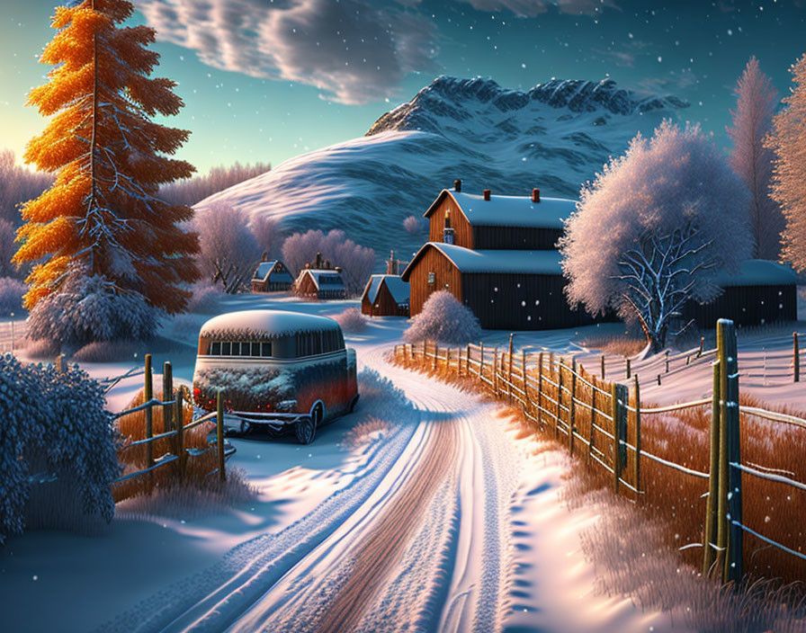 Snowy winter landscape with farmhouse, barn, bus, and frost-covered trees at dusk
