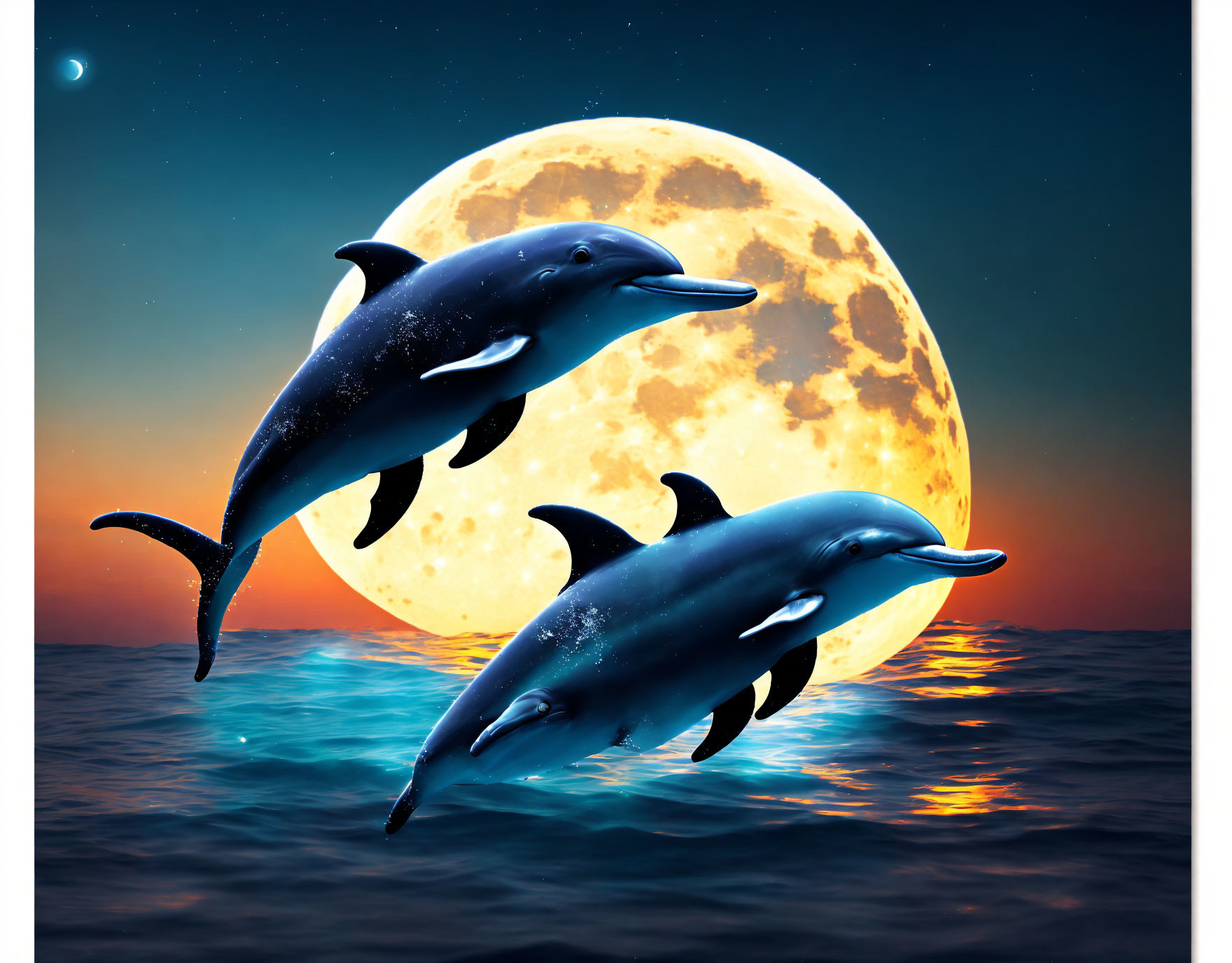 Dolphins leaping under full moon in twilight sky