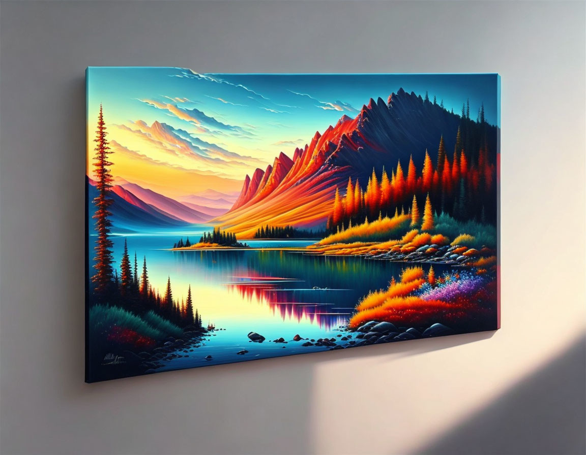 Serene mountain landscape canvas painting with colorful sunrise reflection