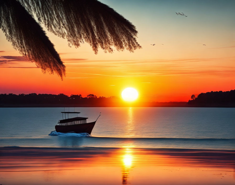 Tranquil sunset scene with boat silhouette, reflections, branches, and birds