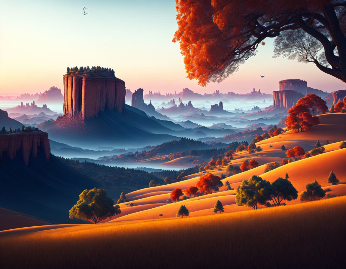 Fantasy landscape: Sunrise over plateaus, hills with autumn trees, misty valley