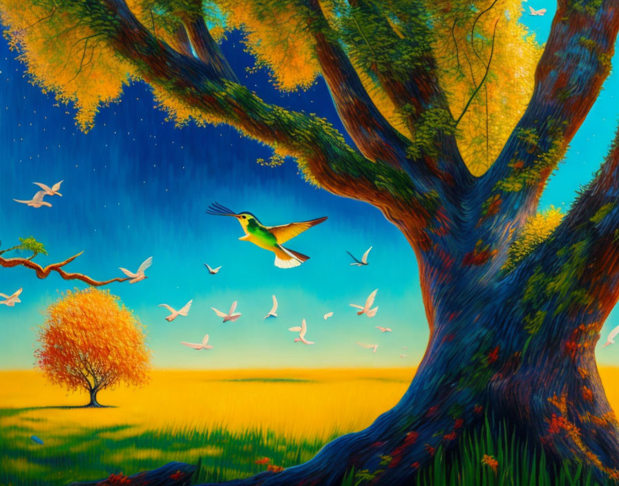 Colorful painting of hummingbird in flight with autumn tree and gradient sky