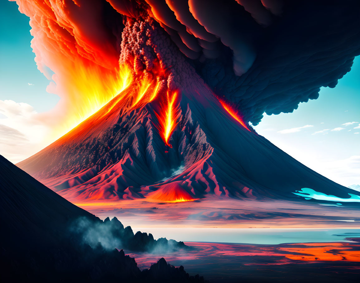 Vivid red and orange lava eruption against serene blue sky