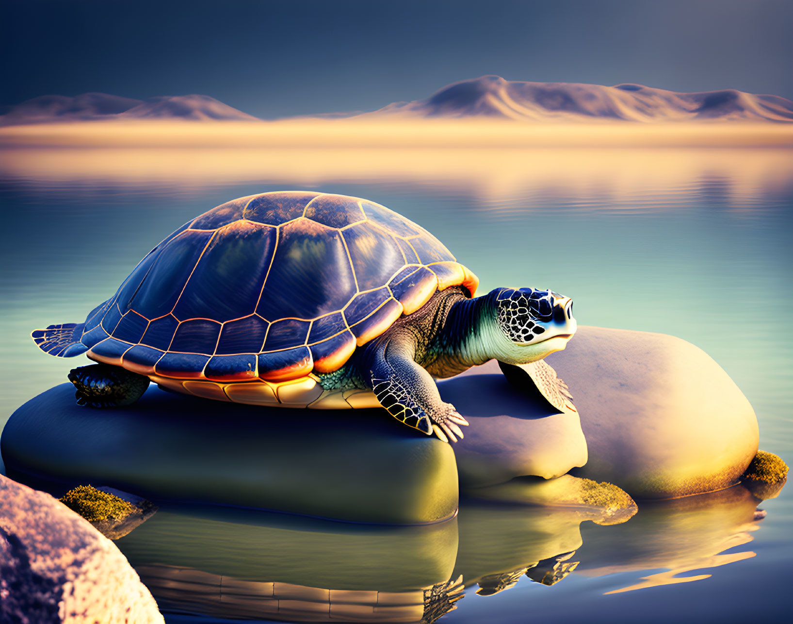 Tranquil sunset scene with turtle on stone in calm waters