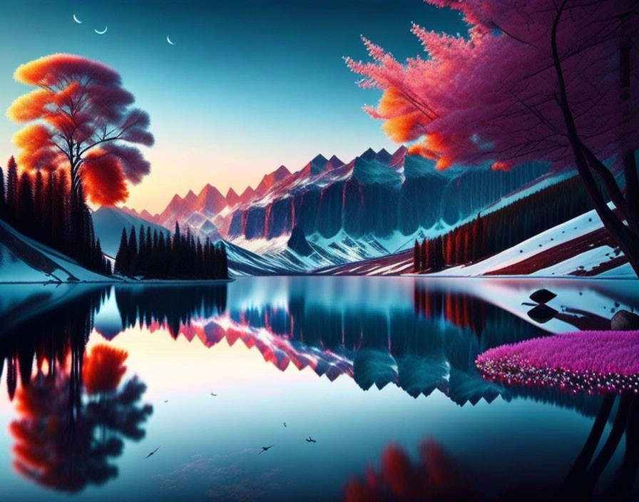 Vividly colored trees and snow-capped mountains in serene landscape