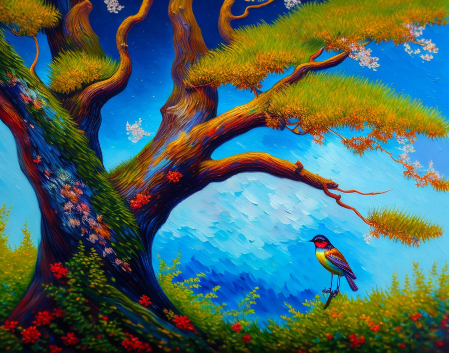 Colorful painting of gnarly trees, orange foliage, red blooms, and a bird on a