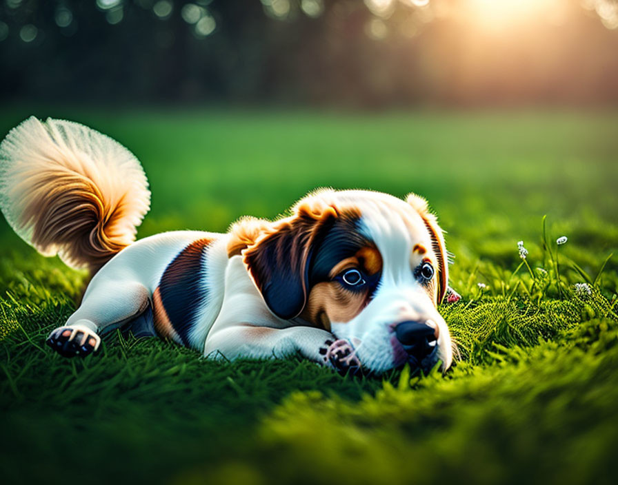 Tricolor dog lying in grass with fluffy tail up and playful expression