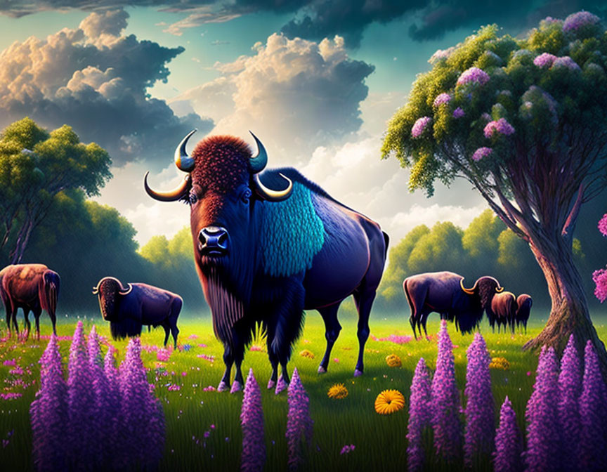 Colorful Bison Illustration in Meadow with Dramatic Sky