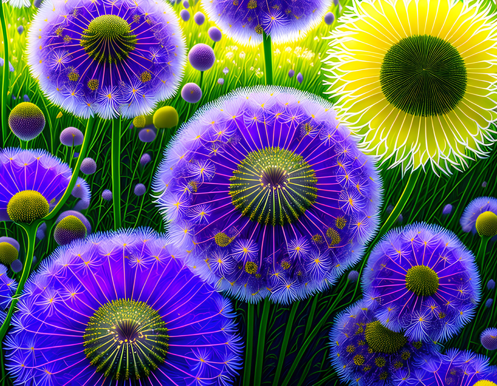 Colorful digital artwork: Fantastical flowers in purple and yellow hues