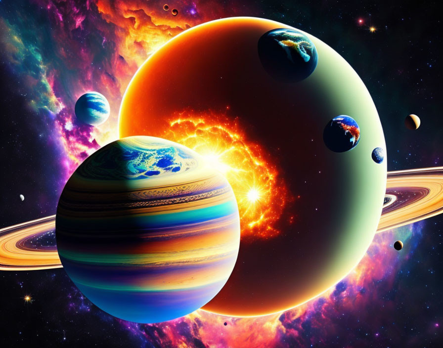 Colorful Space Scene with Planets, Earth, Nebula, and Stars