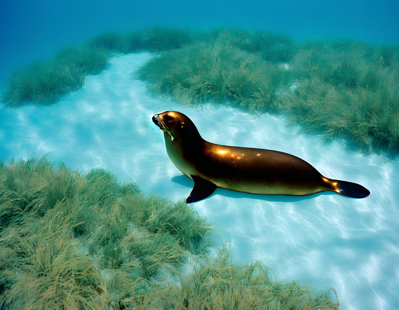 Sea lion swimming over seagrass-covered seabed in sunlight