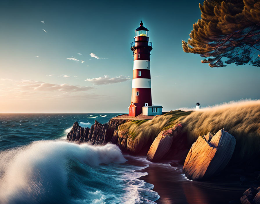 Striped lighthouse on rocky shores at sunset