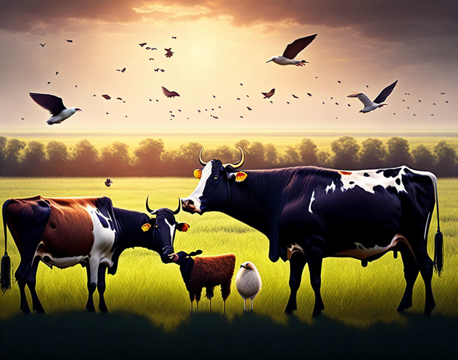Countryside scene: Two cows, a sheep, and birds in sunrise field