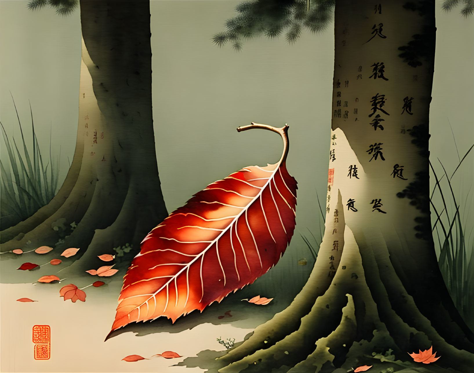 Illustrated scene: Large red leaf, smaller leaves, serene tree trunks, Asian calligraphy