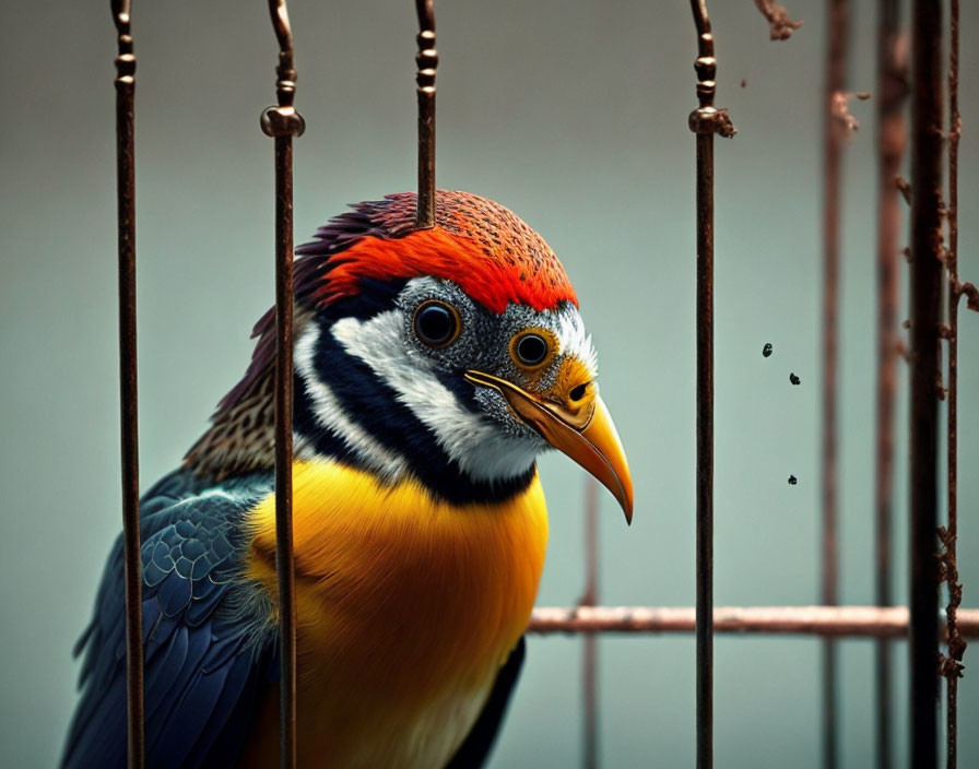 Colorful bird with orange crest and intricate eye patterns behind rusty cage bars