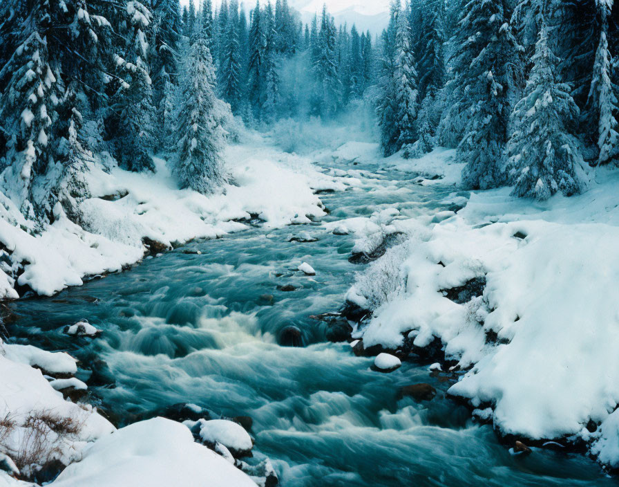 Winter Forest Scene: Snow, River, Misty Sky