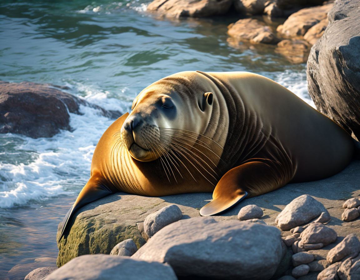 Seal resting peacefully on rocky terrain by the water