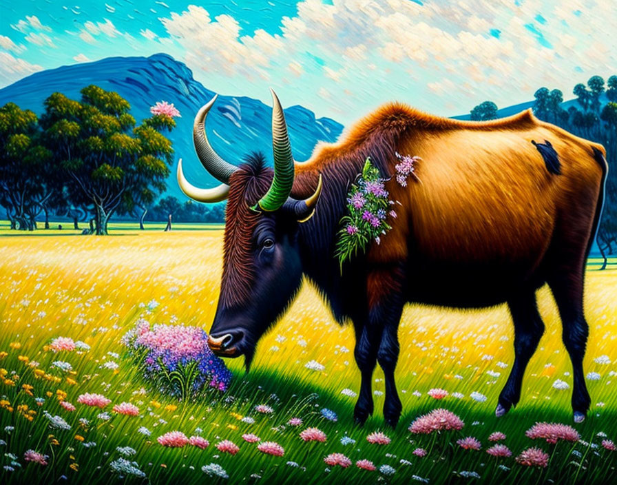 Colorful Yak Illustration with Spiral Horns and Flowers in Mountainous Field