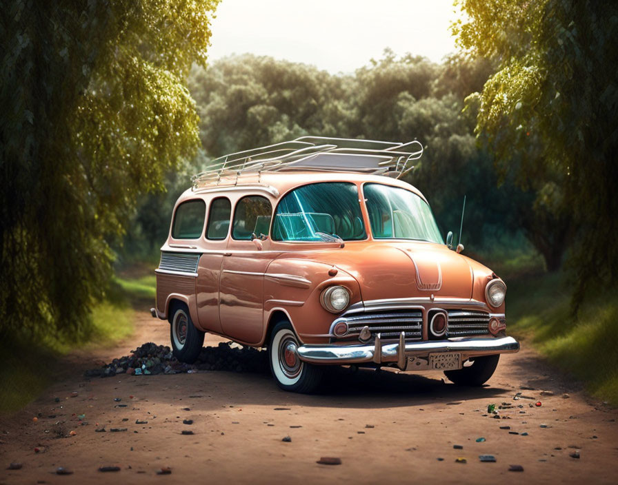 Vintage Peach-Colored Station Wagon in Nature Setting