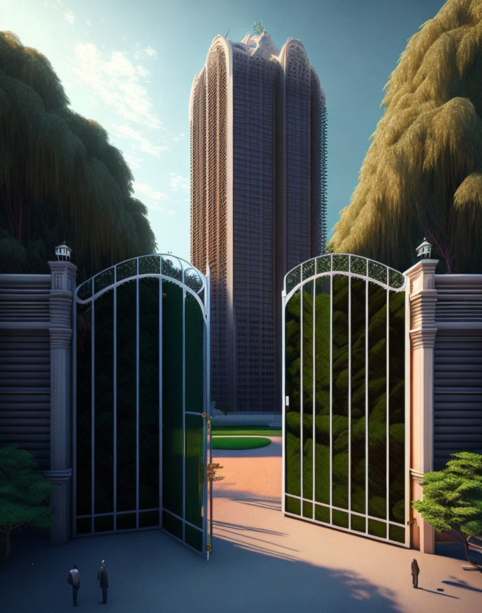 Futuristic twin towers and ornate gate with lush green trees at dusk